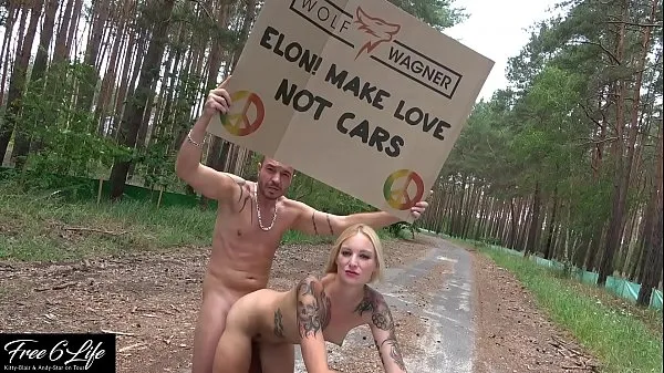 Big Nude protest in front of Tesla Gigafactory Berlin Pornshooting against Elon Musk mega Clips